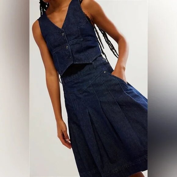 NWOT Free People Scout Denim Vest and Skirt Set in Teal Flower - Picture 2 of 14